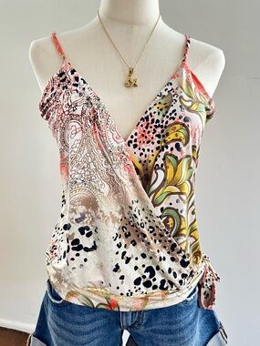 Ariella Retro Paisley Wrap Cami Boho Y2K Tie Waist Tank Top S